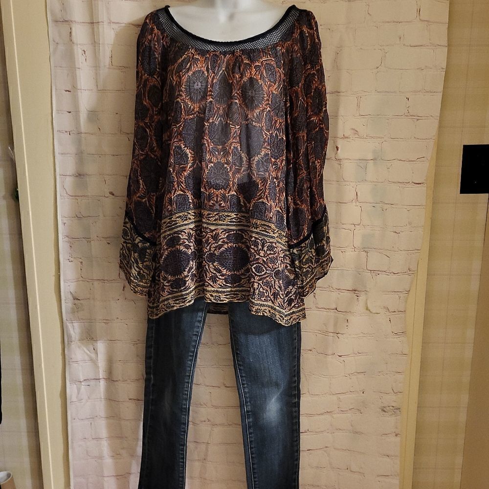 NWOT Plenty by Tracy Reese Anthropologie Chiffon Boho Print Peasant Top sz.S